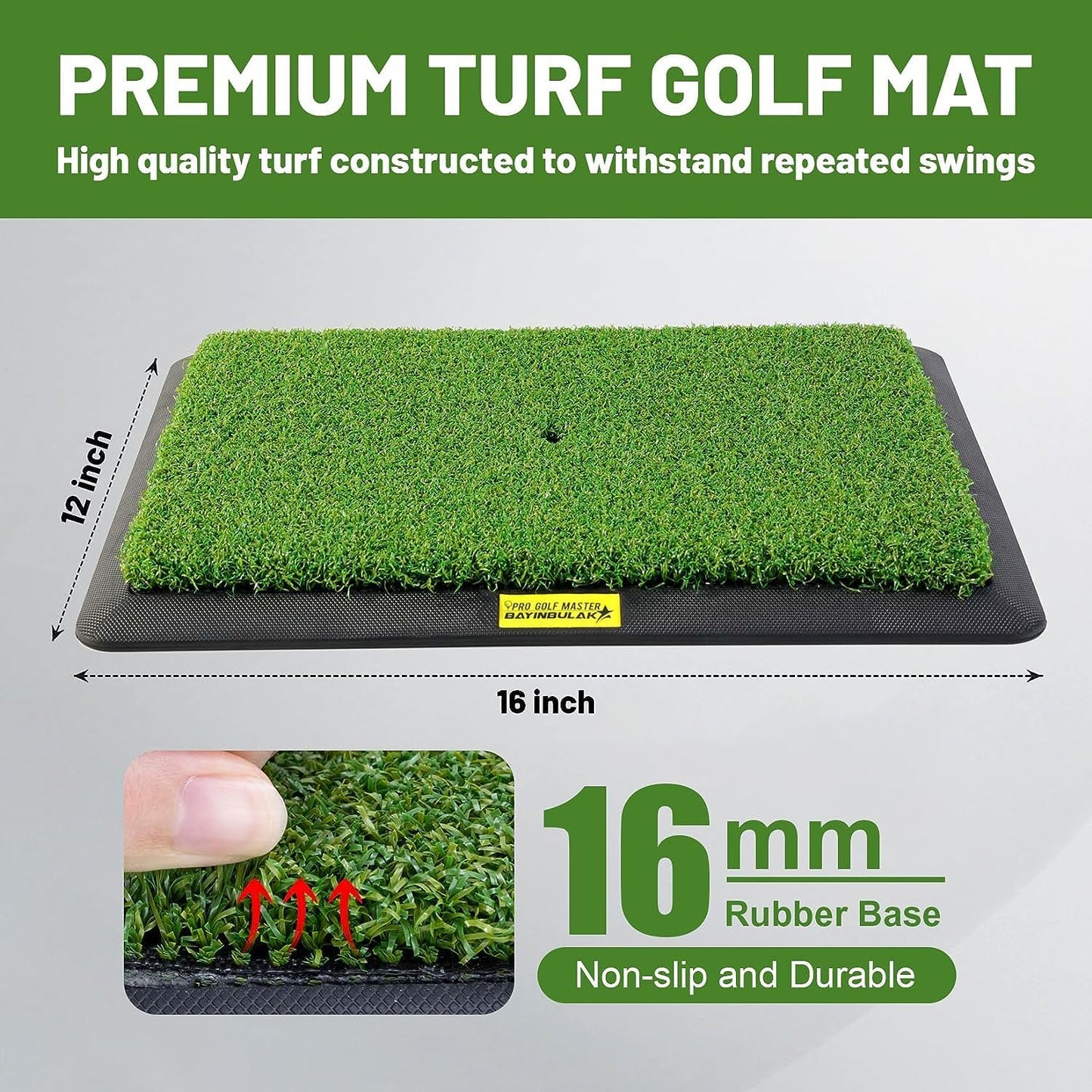 BAYINBULAK Replaceable Golf Hitting Mat Turf for Outdoor & Indoor Practice (‎16mm PRO Version)